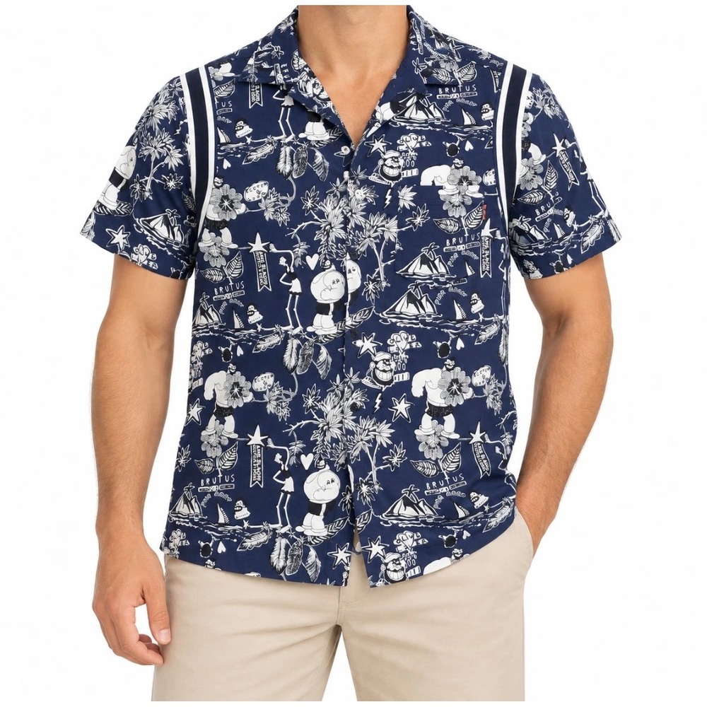 Scotch & Soda AMS Popeye Brutus Graphic Print Shirt Navy Mens Large Hawaiian